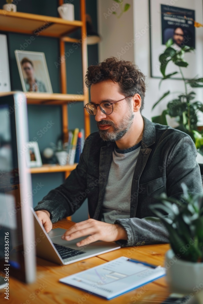 Obraz premium A person sits at a desk with a laptop, likely working or studying