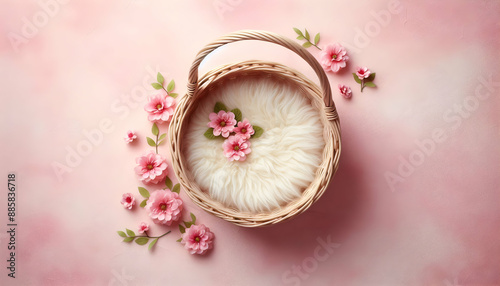 Newborn baby photography basket. Background for newborn baby with pink flowers.Green Wreath Digital Newborn Backdrop