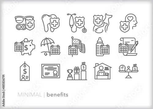 Set of benefits line icons of insurance, compensation, and rewards of full-time employees