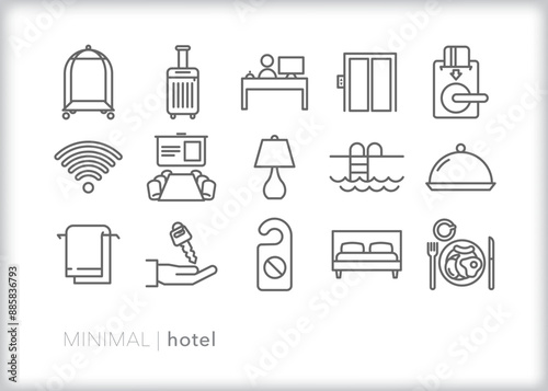 Set of hotel line icons of amenities and items guests expect to find when they stay at a hotel