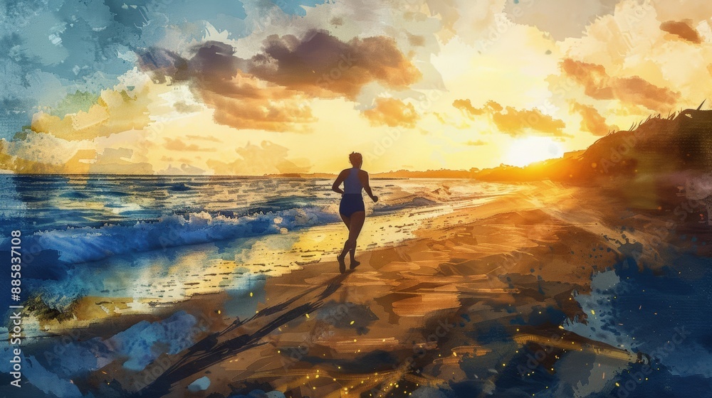 Obraz premium An artistic depiction of a person jogging along a beautiful beach at sunrise, capturing the essence of serenity and determination.