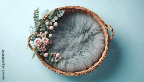 Newborn baby photography basket. Background for newborn baby with pink flowers.Green Wreath Digital Newborn Backdrop