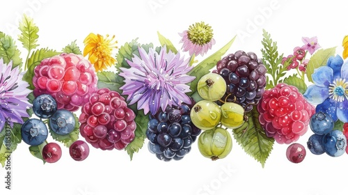 Fototapeta Naklejka Na Ścianę i Meble -  Beautiful watercolor border art of mixed berries and flowers featuring vibrant raspberries, blueberries, and colorful blossoms
