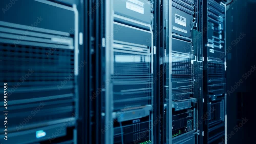 A row of computer servers are lined up in a row. The servers are black and silver and are very tall A row of computer servers are lined up in a row. The servers are black and silver and are very tall