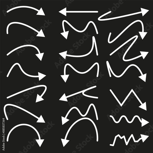 Curved arrow set. White arrows. Black background. Vector illustration.