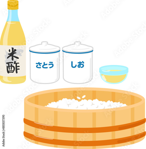 すし酢の材料と飯台に入ったご飯