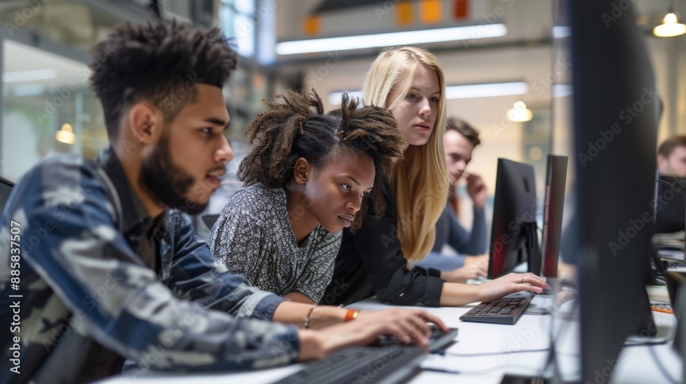 Group of young business individuals collaborating on a computer in a contemporary office workspace Group of young business individuals collaborating on a computer in a contemporary office workspace