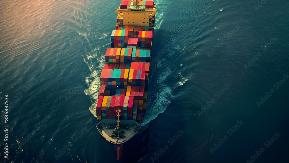 Aerial view of a cargo ship with colorful containers sailing in the ocean for international transport and business logistics on a dark blue background, from a top down perspective. Aerial view of a cargo ship with colorful containers sailing in the ocean for international transport and business logistics on a dark blue background, from a top down perspective.