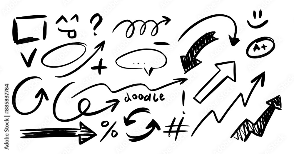 Sketchy Doodle Arrows. Vector icons set. Direction pointers shapes, emphasis and swirls objects. Lines, curves. Marker drawing. Hand drawn brush stroke. Grunge texture. Scribbles and scrawls. Sketchy Doodle Arrows. Vector icons set. Direction pointers shapes, emphasis and swirls objects. Lines, curves. Marker drawing. Hand drawn brush stroke. Grunge texture. Scribbles and scrawls.