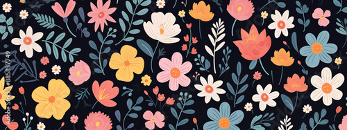 Colorful Floral Pattern with Variety of Flowers on Dark Background