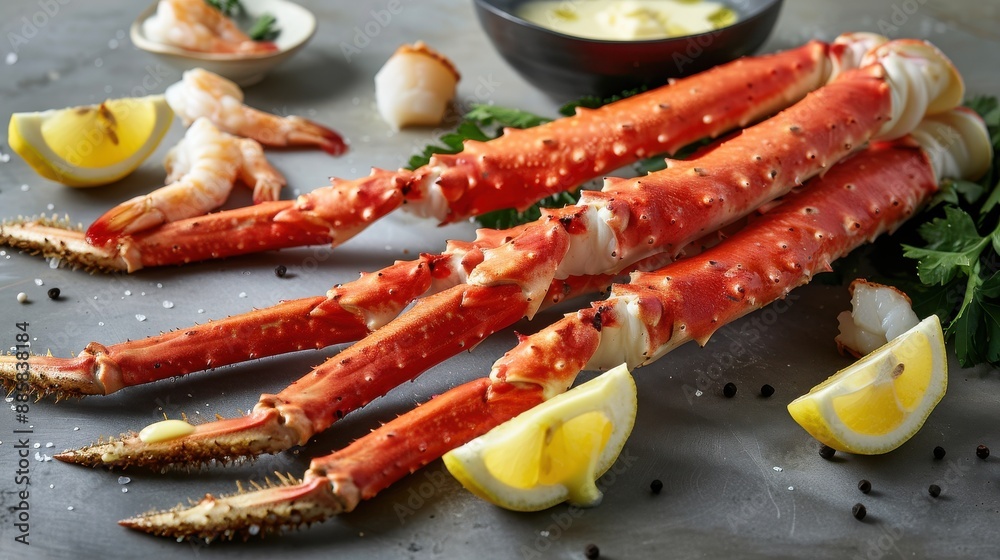 Succulent King Crab Legs with Garlic Butter, Health-Boosting Shrimp, Fresh Lemon Wedges, and Peppercorns - Perfect Seafood Feast Succulent King Crab Legs with Garlic Butter, Health-Boosting Shrimp, Fresh Lemon Wedges, and Peppercorns - Perfect Seafood Feast