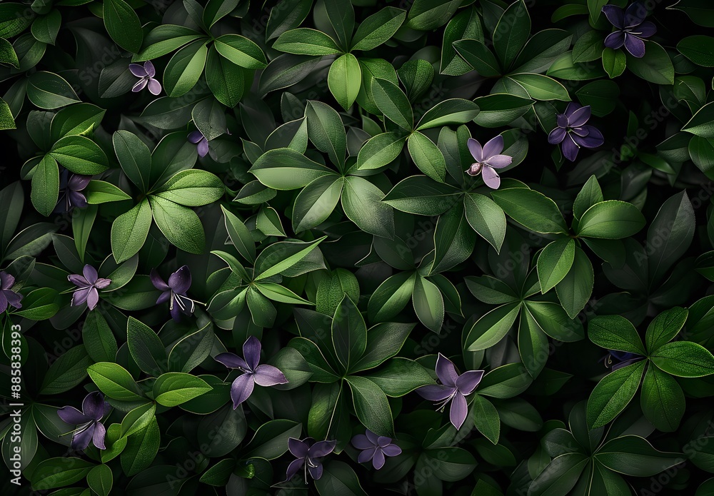 Dark Green Foliage Texture with Purple Flowers Dark Green Foliage Texture with Purple Flowers