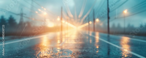 Blurred rainy highway at dusk with glowing streetlights and reflections, capturing serene, moody atmosphere.