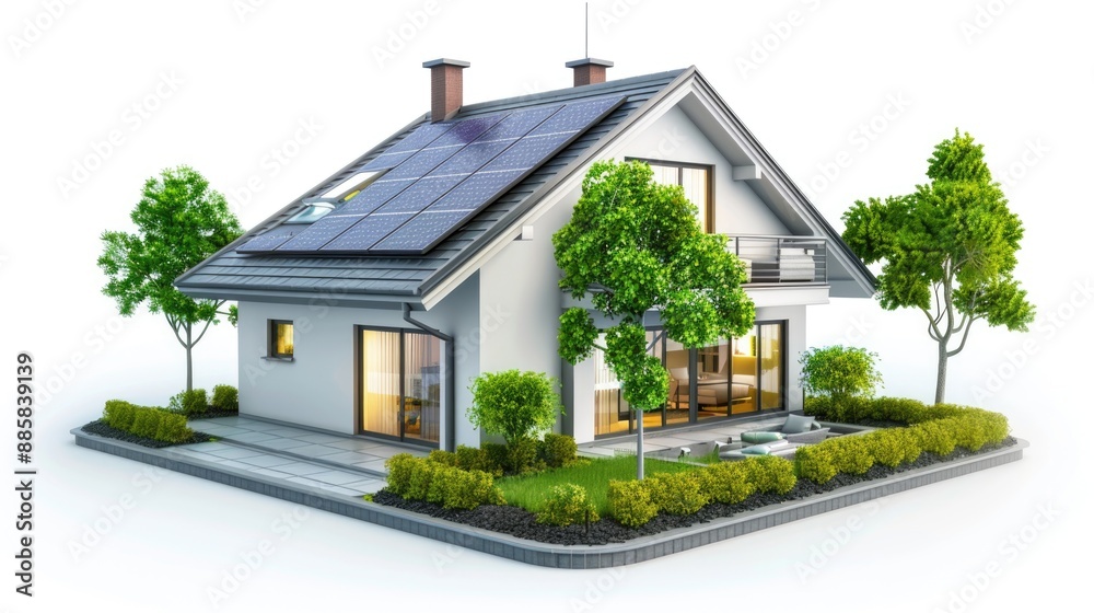 miniature house model with solar panel on roof on white background. smart home energy saving concept miniature house model with solar panel on roof on white background. smart home energy saving concept