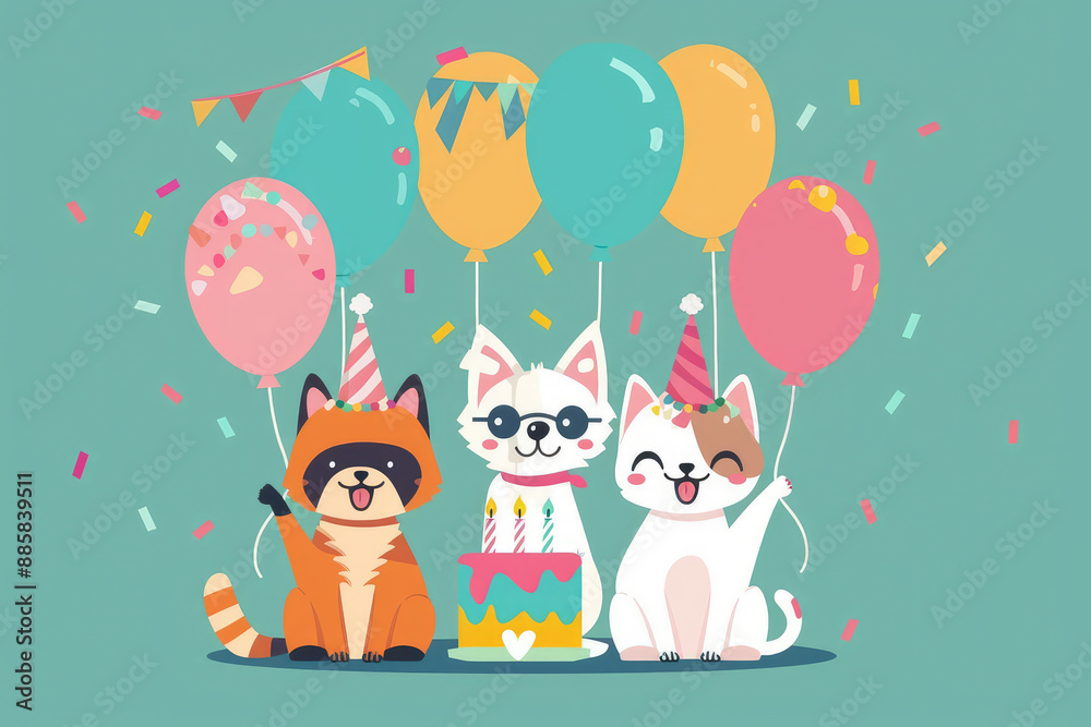 Cute Cartoon Animals Celebrating Birthday with Balloons, Cake, and Party Hats on Green Background Cute Cartoon Animals Celebrating Birthday with Balloons, Cake, and Party Hats on Green Background