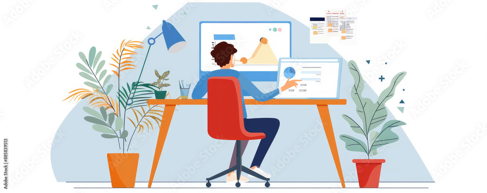 Modern Home Office Setup with Person Working on Computer Surrounded by Plants and Office Supplies Modern Home Office Setup with Person Working on Computer Surrounded by Plants and Office Supplies