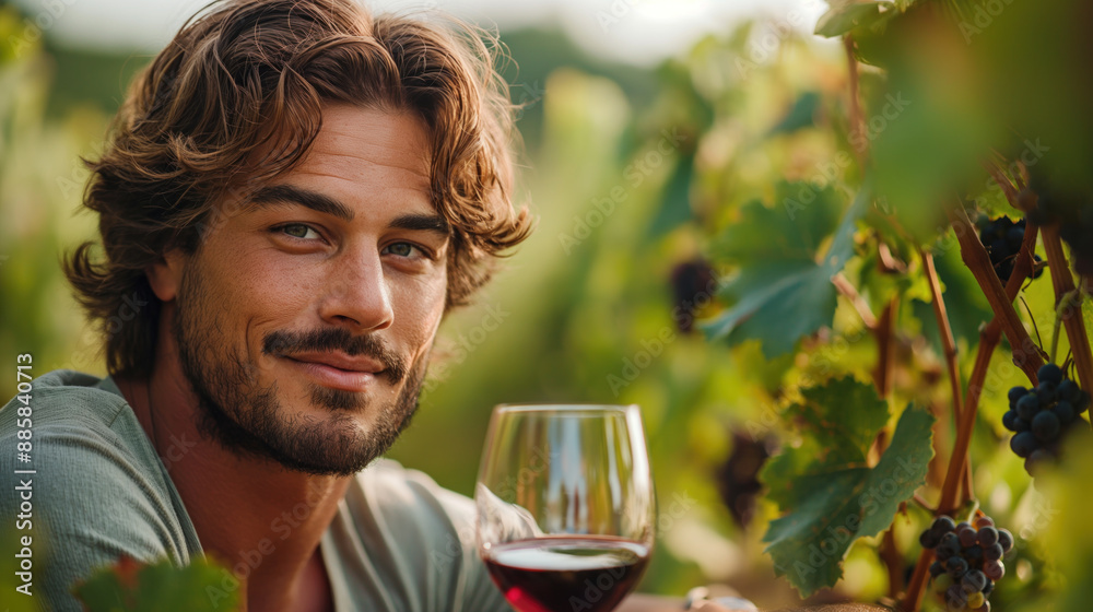 Young man with a glass of red wine in a vineyard surrounded by grapevines Young man with a glass of red wine in a vineyard surrounded by grapevines