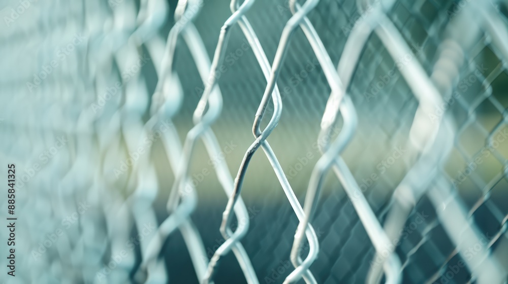 Fototapeta premium Close-up image of a wire mesh fence with a blurred background, emphasizing the texture and structure of the metal links.