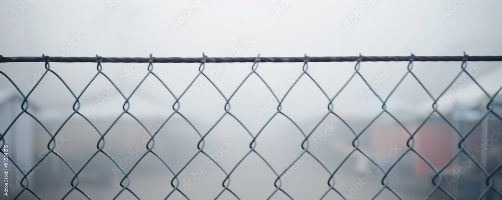 Fototapeta premium Close-up of a chain-link fence on a foggy day, emphasizing the mesh pattern and misty background.