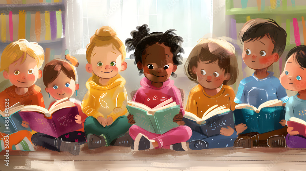Fototapeta premium group of diverse young kids children student reading book listen story class kindergarten school education learning classroom library happy heartwarming storytelling cartoon illustration cute digital