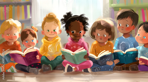 group of diverse young kids children student reading book listen story class kindergarten school education learning classroom library happy heartwarming storytelling cartoon illustration cute digital
