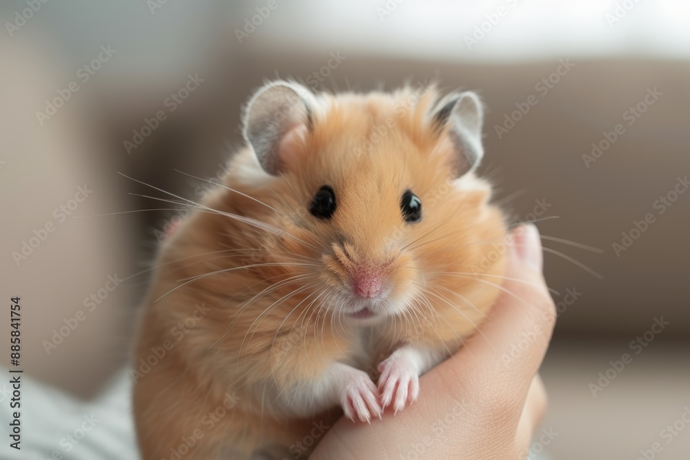 Close-up of a cute, fluffy hamster being held gently in a person's hand. The hamster looks curious with its small, beady eyes. Close-up of a cute, fluffy hamster being held gently in a person's hand. The hamster looks curious with its small, beady eyes.