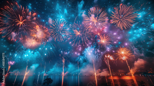 A vibrant explosion of fireworks in the night sky, Colorful fireworks lit up the night sky, with red and blue colors. background. 4th july
