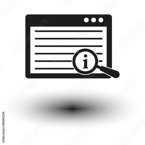 Information search icon. Black window. Magnifying glass. Vector illustration.