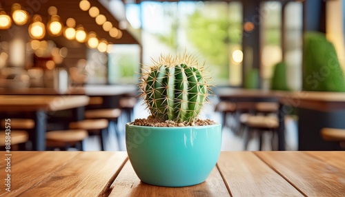 a close up shot of a small green cactus in a turquoise pot sitting on a rustic wooden table the background is blurred showcasing a bright cafe like setting © Seamus