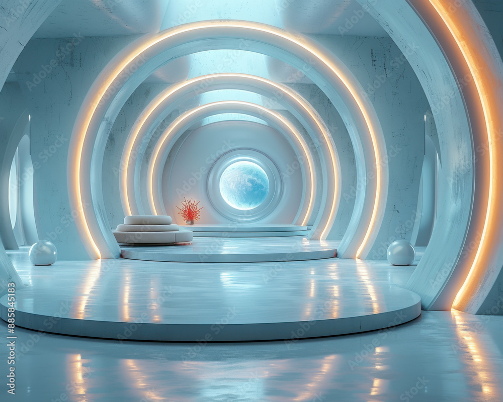 Obraz premium Futuristic Blank Display Platform Mockup with Soft Lighting in Modern Studio Setting