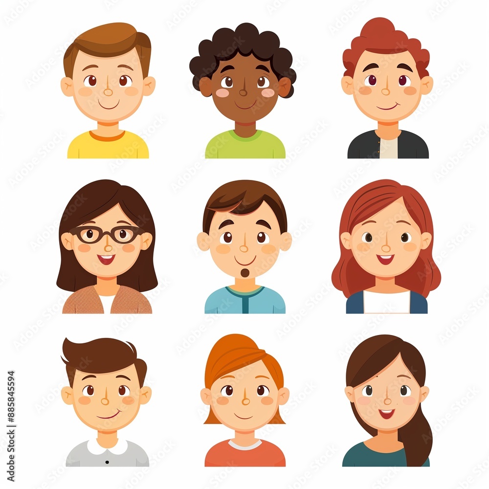 Cartoon Avatars of Diverse Happy People, Vector Illustration of Smiling Faces for Profile Pictures and Social Media Cartoon Avatars of Diverse Happy People, Vector Illustration of Smiling Faces for Profile Pictures and Social Media