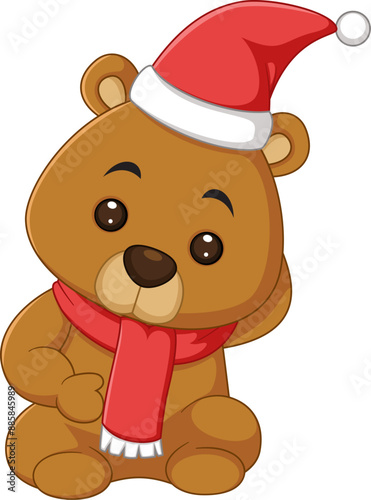 Cute bear with red scarf and Santa hat cheerfully poses