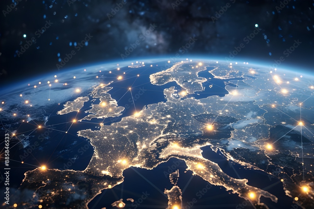 Fototapeta premium A digital illustration of the Earth seen from space, with glowing connections connecting various European cities across Europe. 