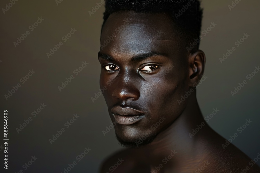 Young black man with short hair is posing on a dark background Young black man with short hair is posing on a dark background