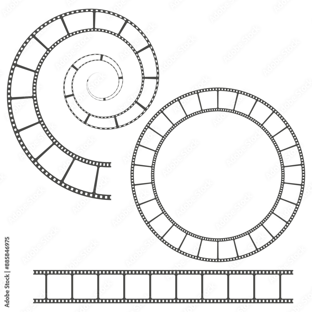 Fototapeta premium Filmstrip spiral designs. Circular and linear patterns. Black vector illustration. Movie reel.