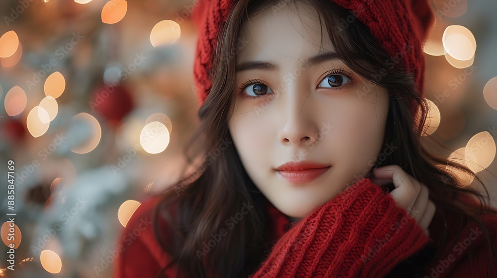 cute christmas korean women with copy space text red background cute christmas korean women with copy space text red background
