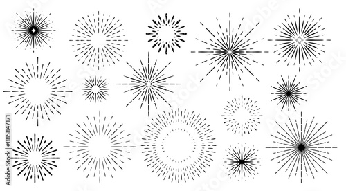 Set of sunburst design elements. Hand drawn Rays of sun. Vintage frames for badges, logos and labels. Vector illustration.