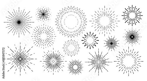 Set of sunburst design elements. Hand drawn Rays of sun. Vintage frames for badges, logos and labels. Vector illustration.