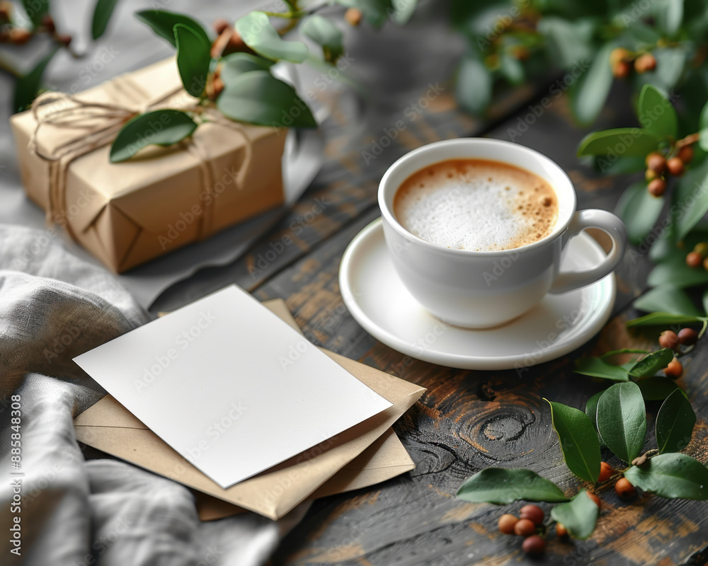 Warm Birthday Greetings Mockup with Blank Card, Coffee, and Gift Box on Desk Warm Birthday Greetings Mockup with Blank Card, Coffee, and Gift Box on Desk