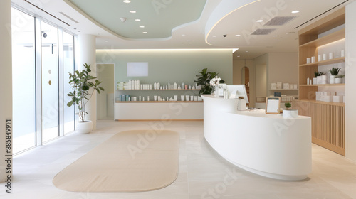 Luxury beauty and nail salon reception room with green ornament interior