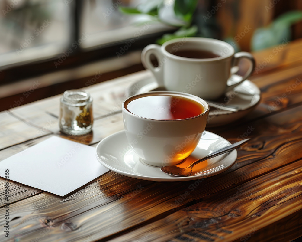 Fototapeta premium Minimalist Business Card Mockup with Pen and Tea on White Background for Design Presentations