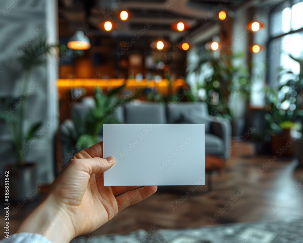 Businessman Holding Blank Business Card in Modern Office Setting for Custom Contact Information Mockup Businessman Holding Blank Business Card in Modern Office Setting for Custom Contact Information Mockup