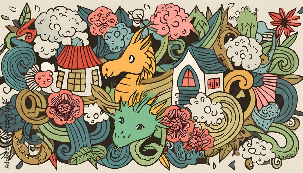 Naklejka premium Fantasy Doodle Art: Dragons, Houses and Flowers