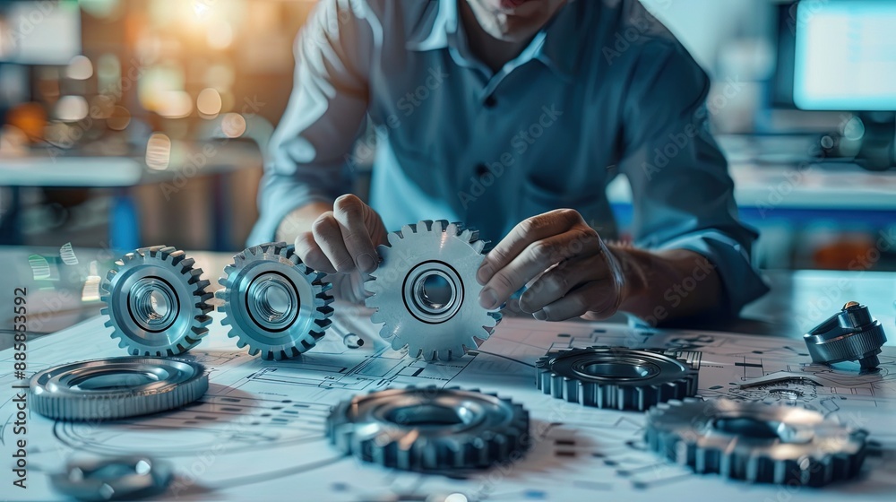Naklejka premium Mechanical Engineer with Gears: Working with mechanical parts.