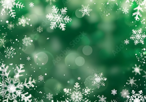 Green Christmas Background with Falling Snowflakes