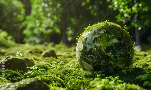 Earth Day: Green Globe In Mossy Forest