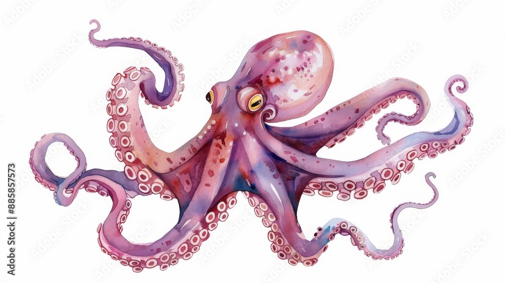 Watercolor illustration of a cheerful cartoon octopus, standing on a white background Watercolor illustration of a cheerful cartoon octopus, standing on a white background
