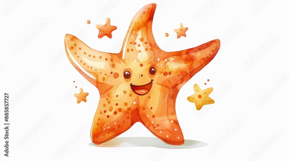 Adorable cartoon starfish with a happy face, illustrated in watercolor on a white background Adorable cartoon starfish with a happy face, illustrated in watercolor on a white background