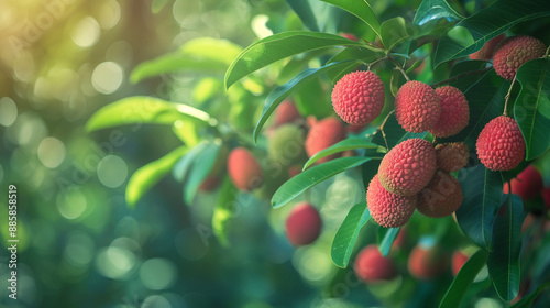 Close-up of ripe lychee fruit on tree, vibrant and fresh, orchard scene with copy space
