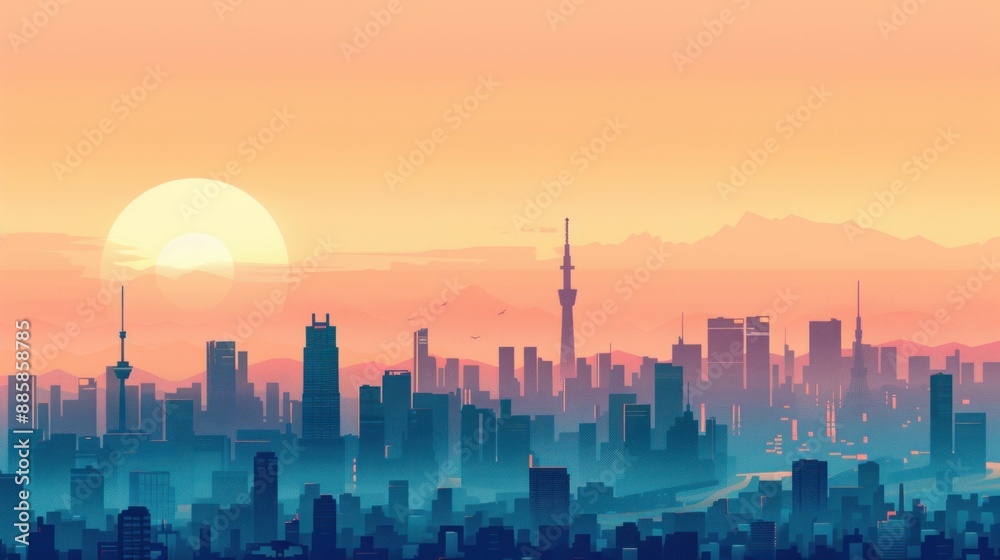 Cityscape at golden hour urban sunset with skyline and buildings in background for travel and business concepts Cityscape at golden hour urban sunset with skyline and buildings in background for travel and business concepts